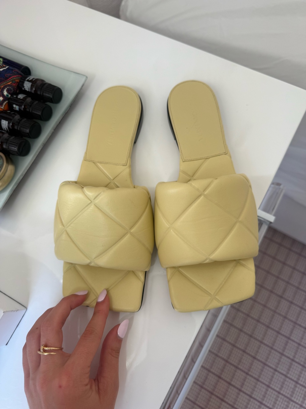 Bottega Veneta Quilted Slide Sandals in Light Yellow